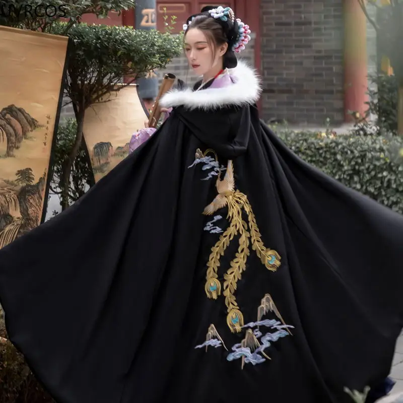 Oriental Antigo Preto Hanfu Manto Mulheres De Estilo Chinês, Princesa Traje Feminino Outono Inverno Quente Bordado Com Capuz Cabo Casaco