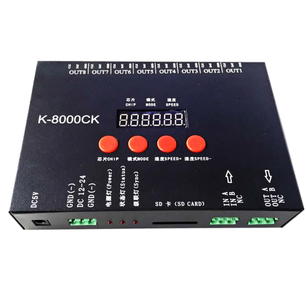 Original K-8000CK LED pixel controlador de cartão SD (T-8000'upgraded versão) ;off-line;8192 pixels controlada;SPI sinal de saída