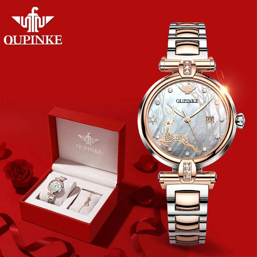 OUPINKE de Luxo Relógio Automático para Mulheres de Cristal de Safira de Negócios Impermeável Mecânico, de Relógios de Pulso Senhoras Data de Diamante Relógio