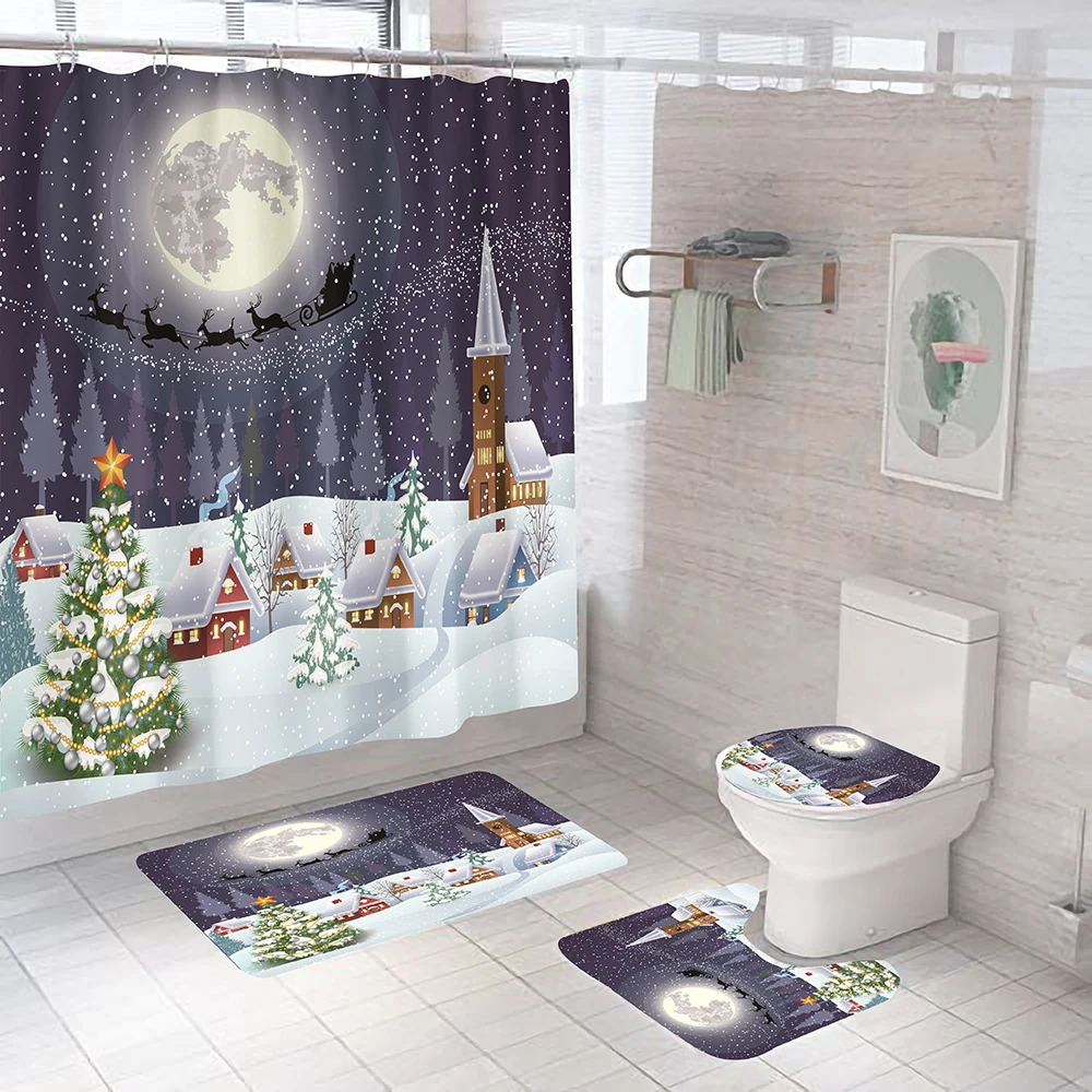 Papai Noel Feliz Natal Tecido de Cortina de Chuveiro Impermeável de Neve Cena Cortinas de Banheiro Anti-derrapante Tapetes de Banheiro Capa de Tapete de casa de Banho