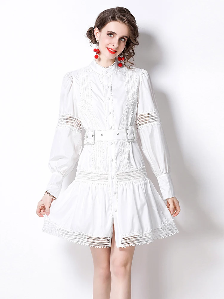 Passarela De Moda Das Mulheres Vestido De Primavera Outono Stand Colarinho Lanterna Manga Ocos De Renda Patchwork Branco Mini Vestido Casual S3978