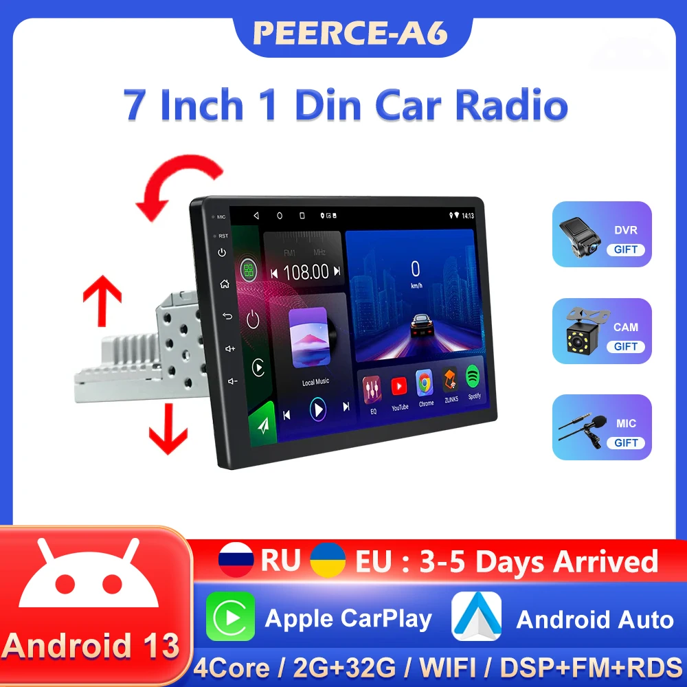 PEERCE 1din Android 13 de Rádio de 7 Polegadas sem Fio Carplay Carro Reprodutor Multimídia Universal 1 Din de Navegação GPS Para a VW, KIA, Nissan, dvd