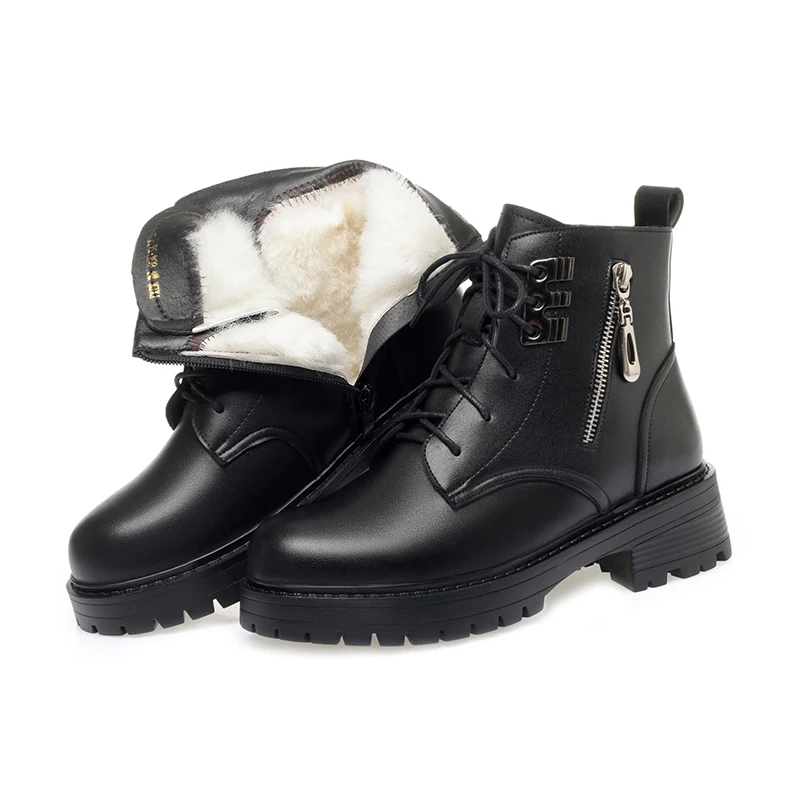 Peles Elegante Ankle Boots Mulher De Inverno 2023 Preto Designer Robusta Plataforma De Sapatos De Senhoras Cunhas De Couro Genuíno De Pelúcia Botas De Neve