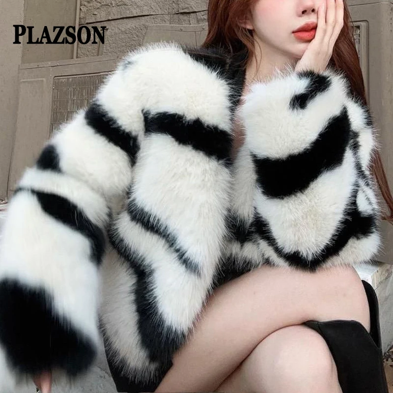 PLAZSON de Impressão de Zebra Faux Fur Casaco Cardigan Fofo Inverno Mulheres de Manga Longa Colarless Imitação de Peles de Pelúcia Jaqueta пальто женское