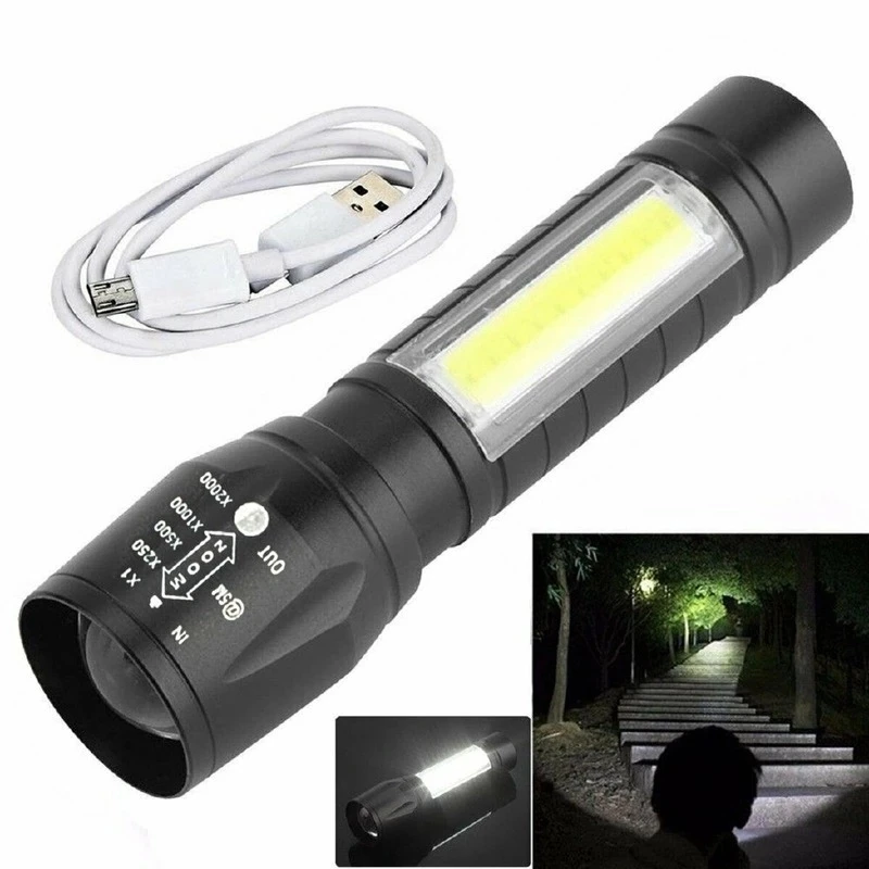 Portátil COB LED Lanterna Impermeável Tático USB Recarregável Lanterna de Campismo Zoomable Foco Tocha de Luz de Lâmpada Luzes da Noite