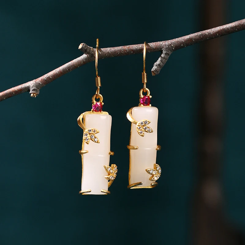 Prata 925 Esterlina de Agulha Chinoiserie Jade Bambu Pingente de Brincos para Mulheres Fina Elegância Vintage Brinco Jóias de Casamento
