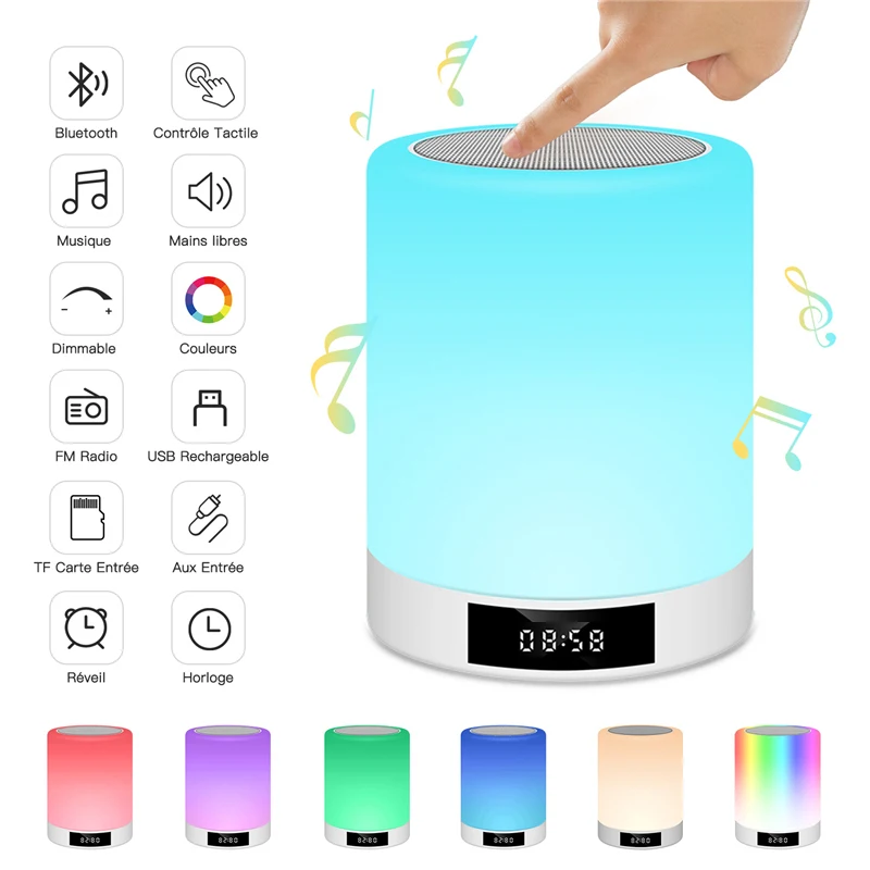 Recarregável com Smart LED Touch Control Noite de Luz de Lâmpada Portátil de Dimmable Mudança da Cor do RGB de Luz do alto-Falante Bluetooth