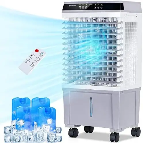 Refrigerador de ar, Pântano do Refrigerador com 5,3 Litros Reservatório, 4 Caixa de Gelo, Remoto, 12H Timer, 70°Oscilação Refrigerador de Ar do Ventilador de Resfriamento com 3