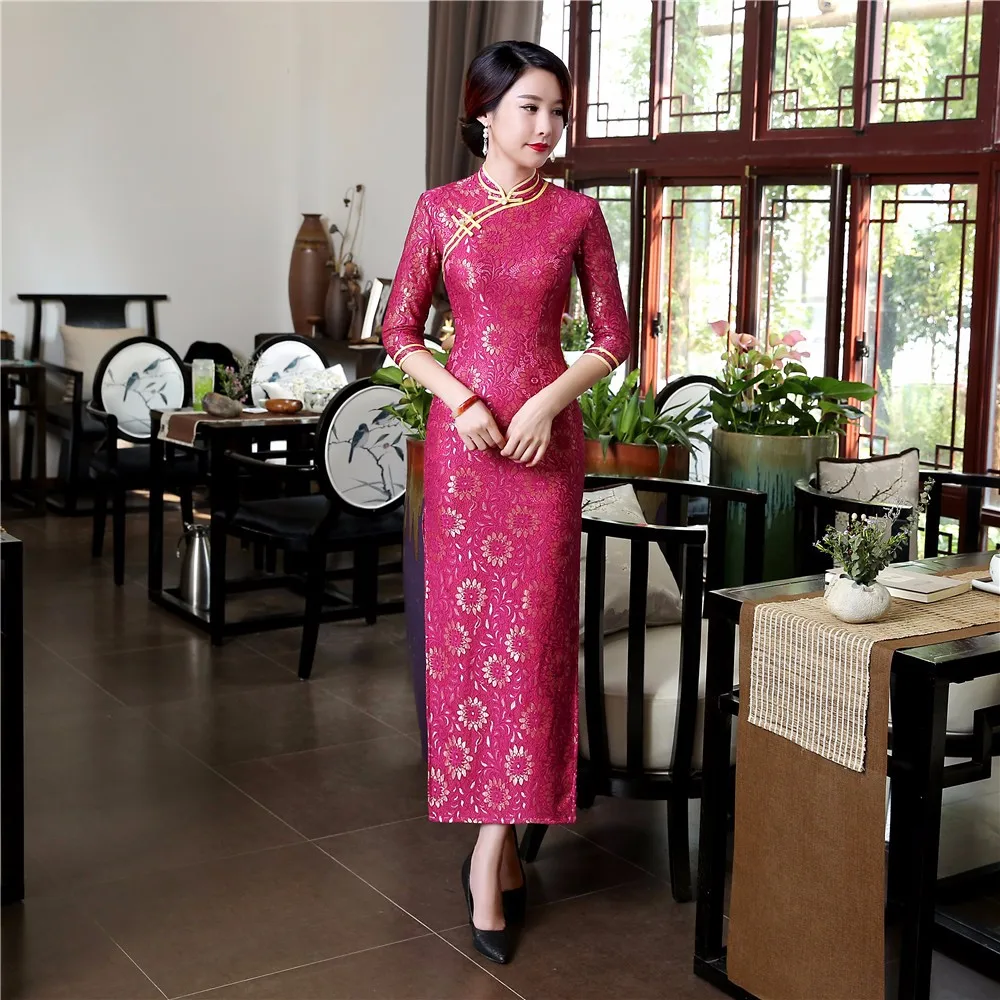 Rosa vermelha cheongsam estilo Chinês de manga comprida, de vestido retro laço elegante e tradicional, de longa cheongsam sexy Tamanho S-3XL 2020