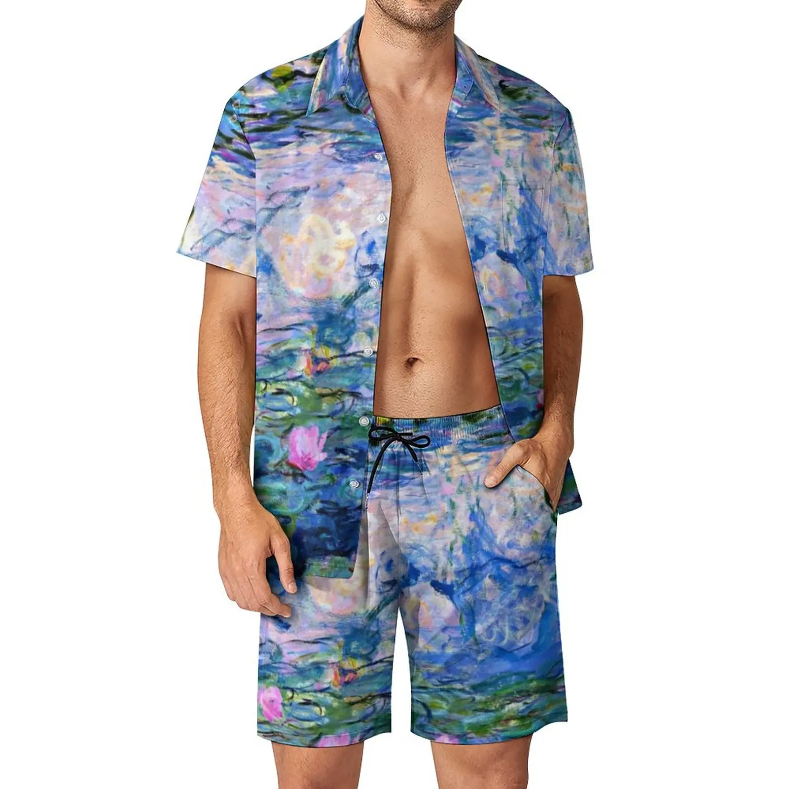 Roxo Design Floral Praia Homens Conjuntos De Claude Monet Famosa Pintura Do Camisa Casual Conjunto De Verão Impresso Shorts 2 Peça De Moda De Terno