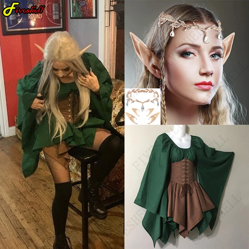 S-5XL Mulheres Adultas Medieval Elfo de Fadas, Elfos Traje Rapariga Princesa Celta Vestido Lace waist cinchers Espartilho Conjunto Irregulares Vestidos