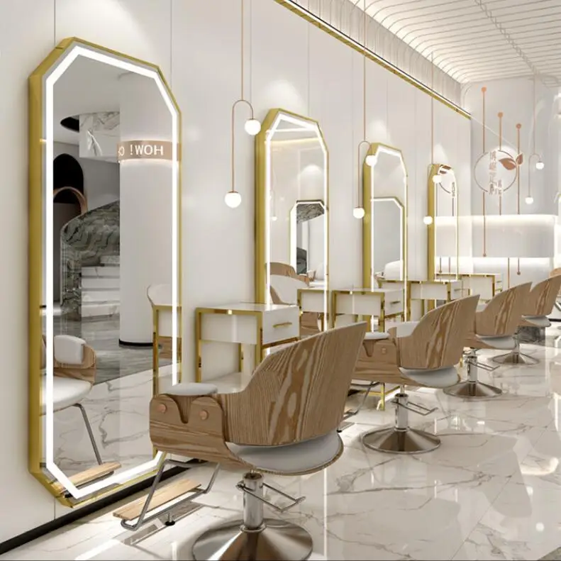 Salão de barbeiro tabela do espelho espelho para maquiagem salão de cabeleireiro especial moda pendurado na parede LED corte do cabelo espelho com luz