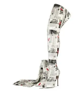 Sexy Maggzine Papel De Impressão Mulheres Sobre O Joelho Longas Botas Sapatos Finos Saltos Altos Outono Inverno Pontiagudo Dedo Do Pé Calçados