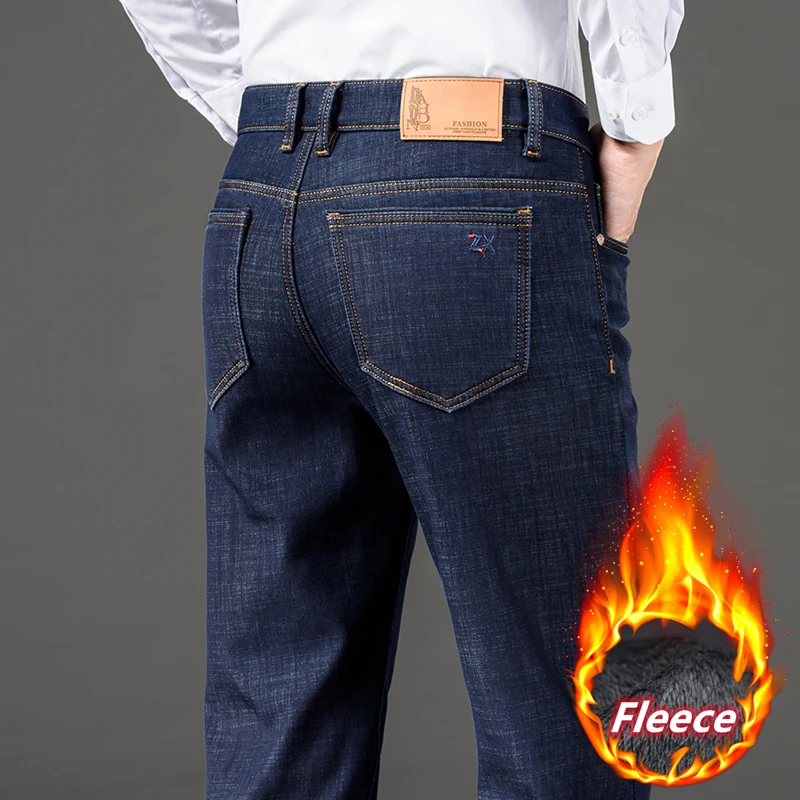 SHAN BAO 2022 inverno nova marca de lã grossa ajuste quente calça jeans reta business casual homens de alta-cintura alta-qualidade stretch jeans