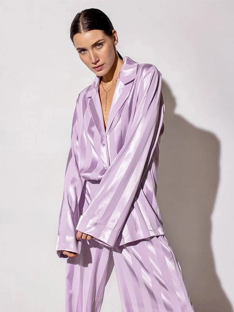 Solta as Mulheres de Luxo Roxa a Faixa de Impressão Conjunto de Pijama de Cetim Pijamas Com 2 peças de Conjunto Casual Feminino Manga Longa com o Terno de Loungewear