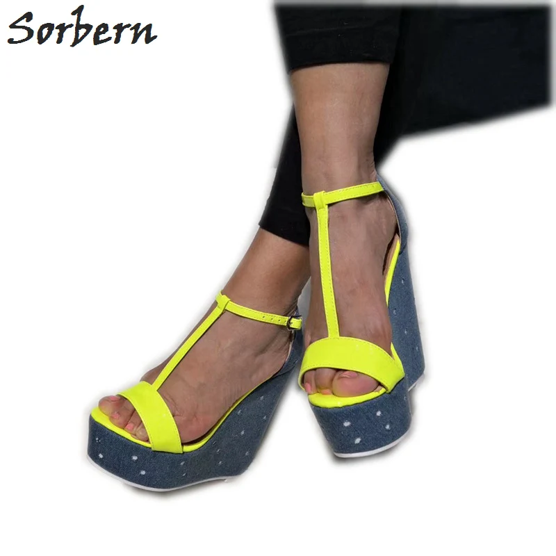 Sorbern Neon Amarelo T-Cinta Mulheres Sandsals Cunha Salto Alto Plataforma Verão Sapato Plataforma De Mulheres Sandálias Em Cunha Sapatos Para Mulher