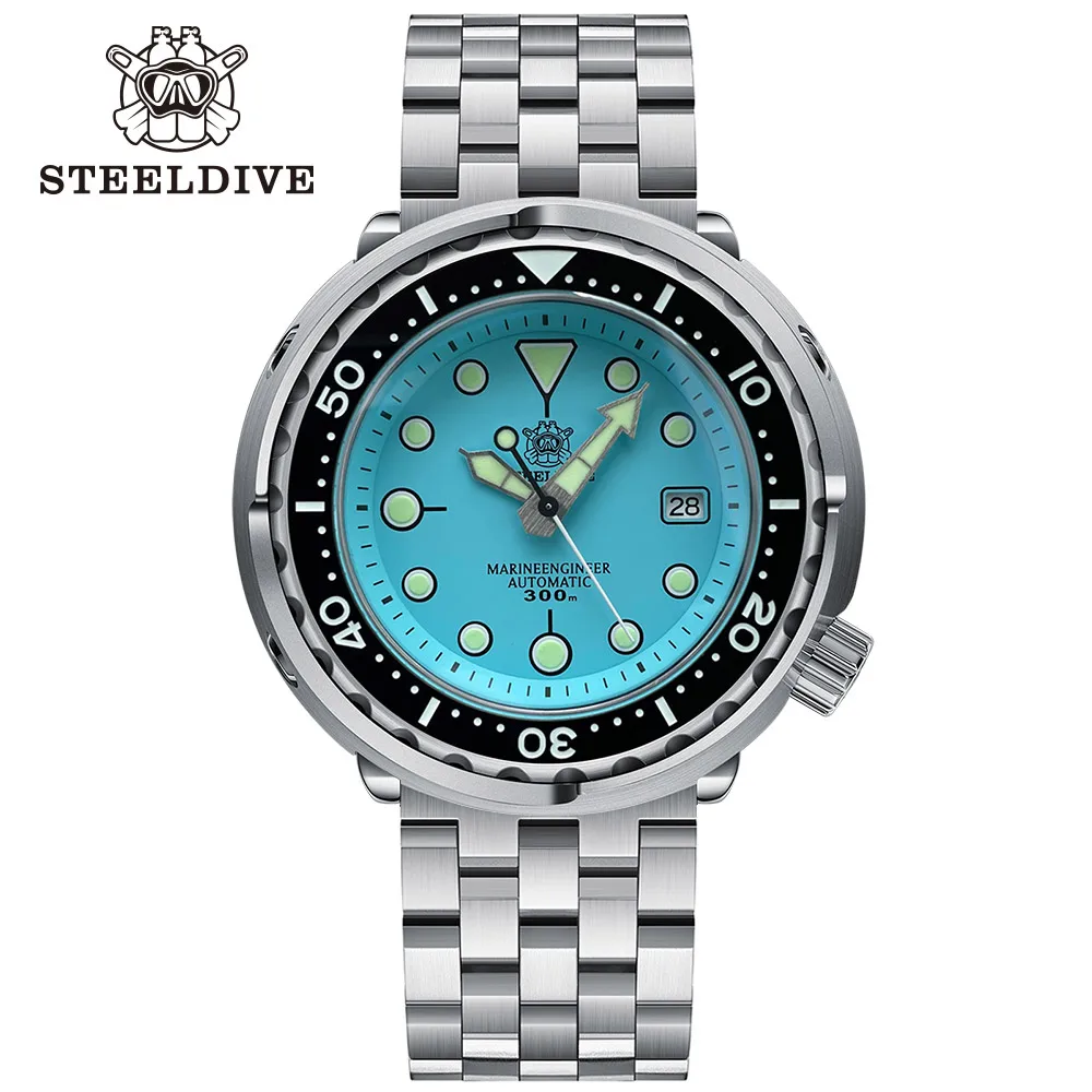 STEELDIVE Marca SD1975 Nova Chegada Mostrador azul-Turquesa Bisel de Cerâmica 300m Impermeável 47,5 mm NH35 Atum Mens relógios de Mergulho com Data