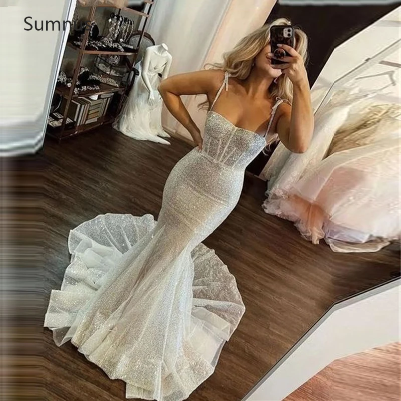 Sumnus Sereia Vestido Elegante Do Casamento Para As Mulheres 2022 Glitter Blusa De Alças De Tule Sem Mangas Robe De Mariée Vestido De Noiva