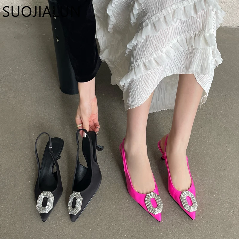 SUOJIALUN 2023 Nova Marca de Dedo Apontado Mulheres Sandália de Moda de Cristal Senhoras Elegantes Slingback Sapatos Fino Salto Alto Vestido de Bombas de Sapato