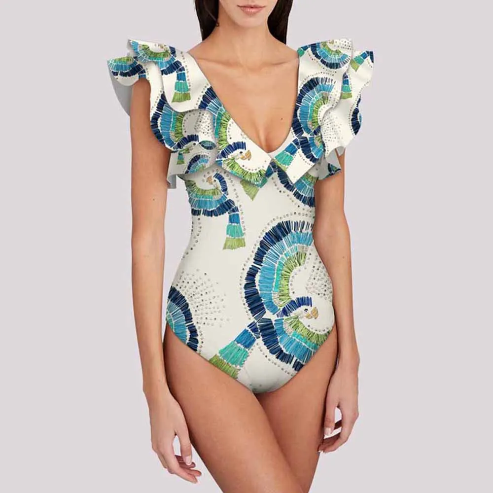 Swimwear 2022 Babados, Alças Impresso Cintura Alta Slim Bikini Mulheres Abdominoplastia Maiô De Decote Em V, Uma Peça De Moda Praia Moda Verão