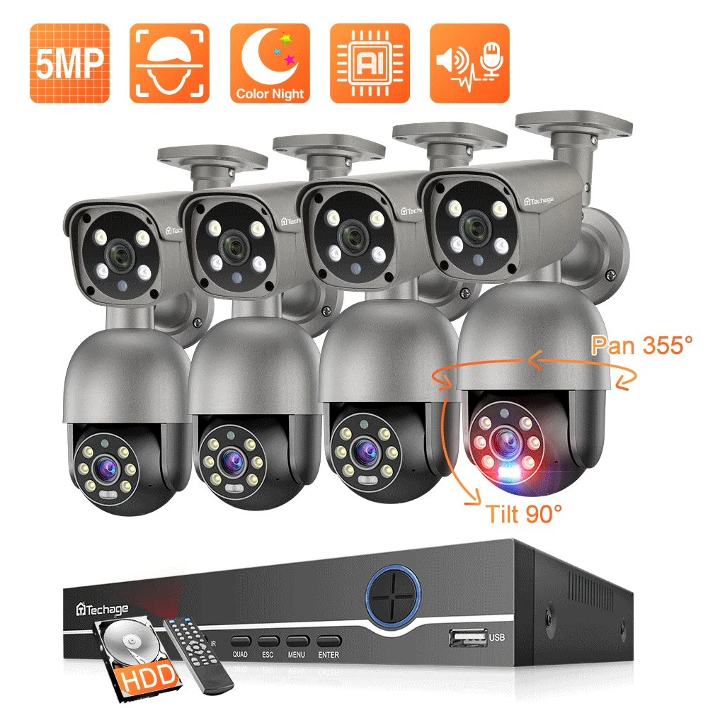 Techage 8CH 5MP Câmera de Segurança do Sistema de Visão Noturna Humanos Detecção de POE PTZ Exterior da Câmera de Segurança de Vigilância Cam Kit P2P