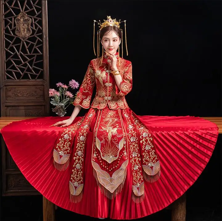 Tradição Noiva Chinesa Vestido De Noiva Vermelho Cheongsam Mulheres