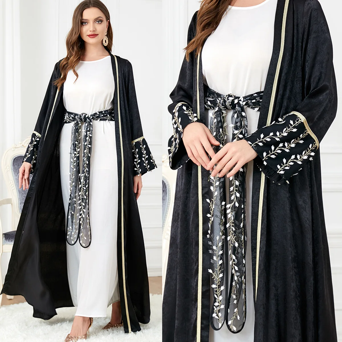 Turquia Vestidos Para Mulheres de Luxo Abaya Muçulmano Conjuntos de Rendas Bordados com cinto de Kaftan de Festa Preto Abayas Senhoras Islâmica vestido de Noite
