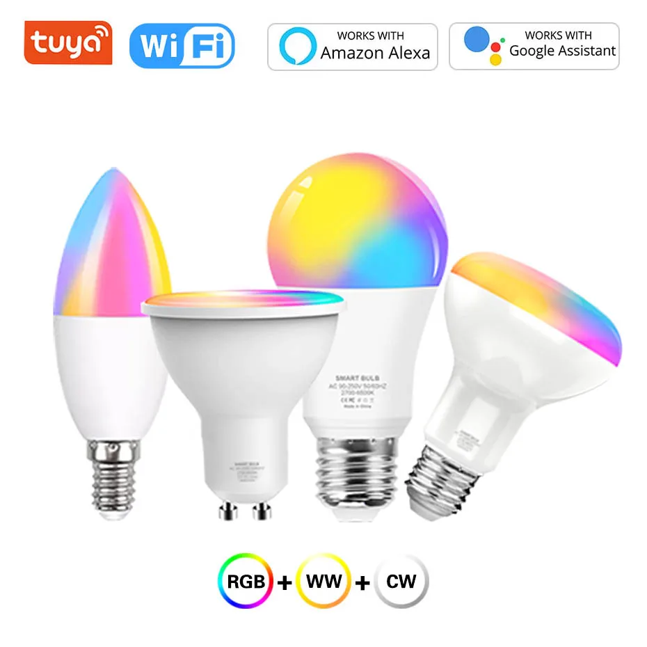 Tuya Smart LED Bulbo E27/E14/GU10 da Luz wi-Fi RGB+WW+CW Dimmable-Lâmpada 8W 12W 18W Controlo de Voz e de Trabalhar Com Alexa Para a Decoração Home