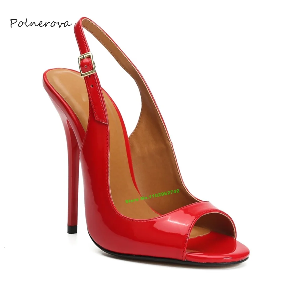 Vermelho Sexy Patente de Couro Fivela de Sandálias Peep Toe Finas Sandálias de Salto Alto de Terceiros Escritório Sapatos para as Mulheres 2023 Verão Plus Size 46