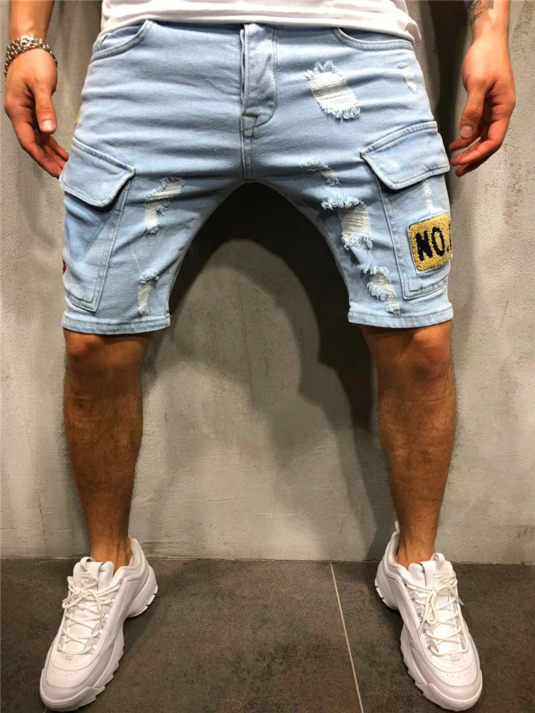 Verão de Homens Trecho Rasgado Curto calças de Brim de Streetwear Pocket Nova Moda Hip-hop Azul Slim Shorts Jeans a Marca de Roupas Masculinas