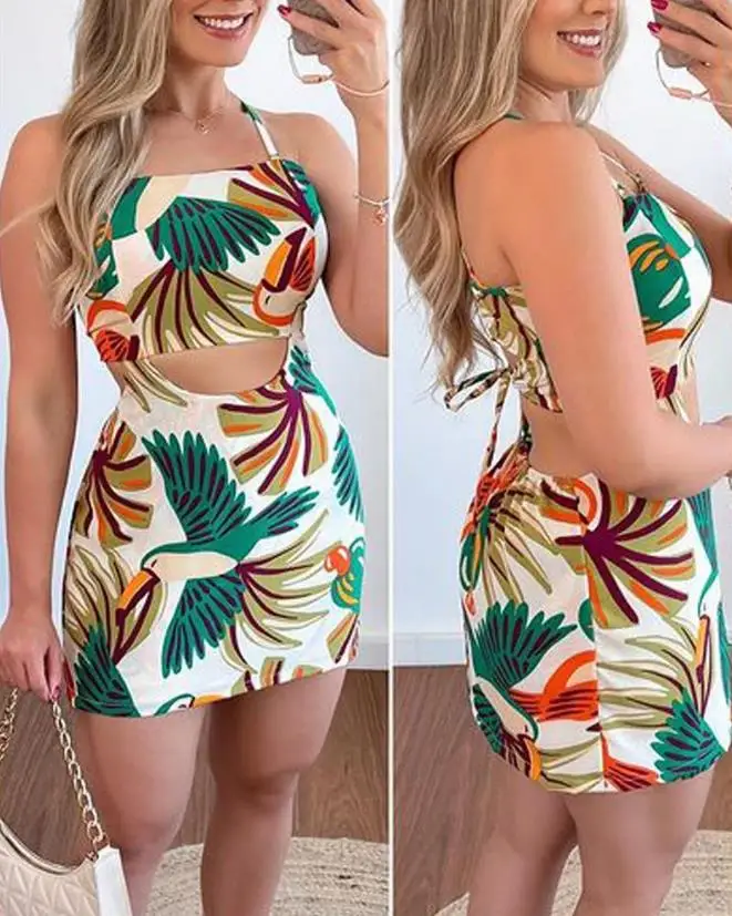 Vestidos elegantes para Mulheres Sexy Tropical Impressão Recorte Cruzam sem encosto Mini Vestido Moda de Nova 2023 Férias de Verão Casual
