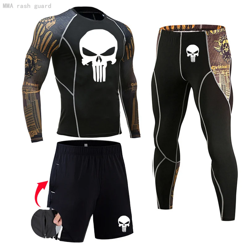 Vestuário de compressão para Homens: Ginásio de Esportes terno rashgarda MMA Crânio superior leggings 1-3 peça Executar o conjunto de Homens de terno completo de treino