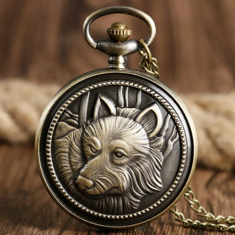 Vintage Bronze Estilo de Cão-Lobo árabe Número de Homens de Quartzo Relógio de Bolso com Corrente Colar Pingente Completo Caçador de Antiguidades Presentes