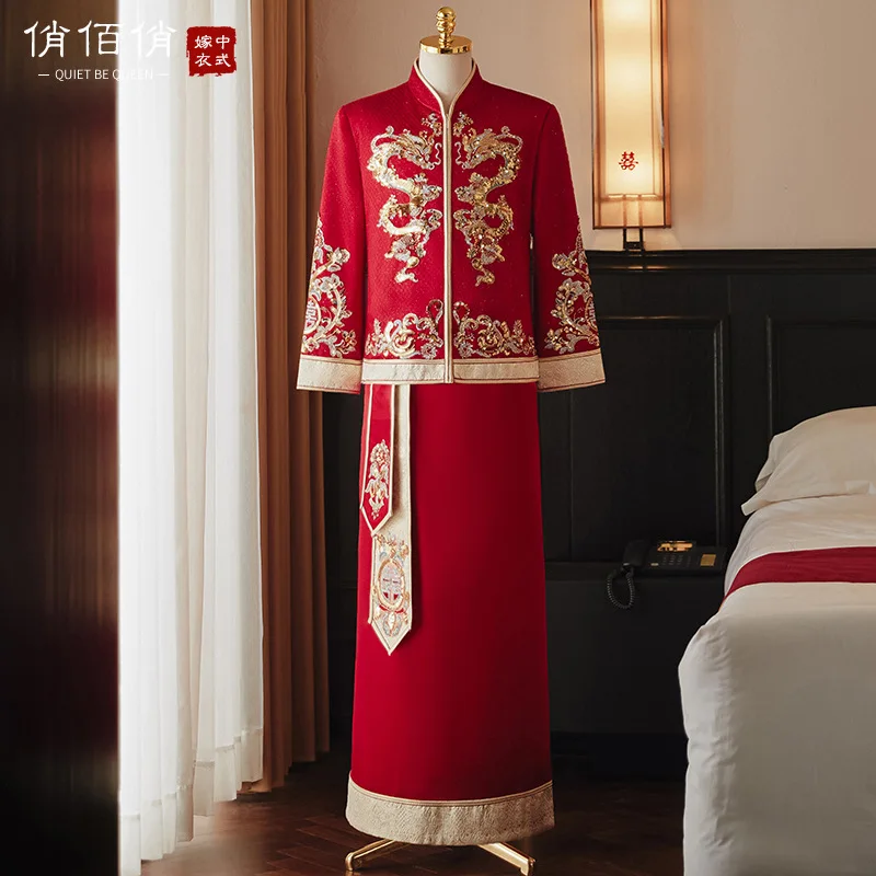 Vintage Elegante Oriental Dragão Vermelho Bordado Beading Tang Ternos De Roupa Do Noivo Vestido De Estilo Chinês De Casamento Brinde Fantasias