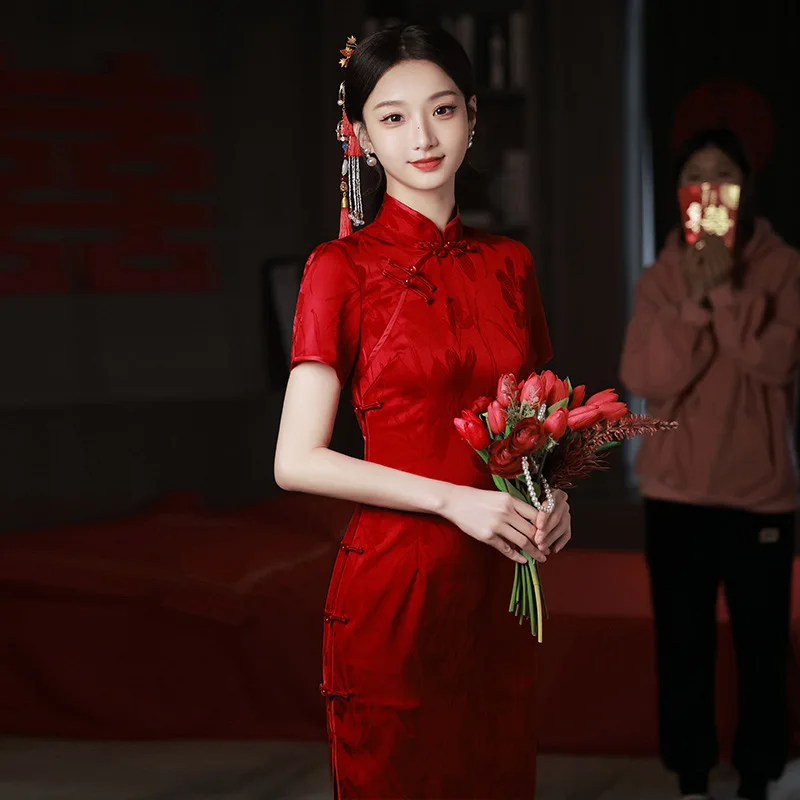 Vintage Mulheres Colarinho De Mandarim Qipao Vermelho Cheongsam Estilo Chinês Sexy Hight Dividir Vestido De Festa De Casamento Vestidos