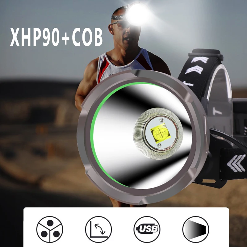 XHP90 COB LEVOU Farol Lanterna Recarregável USB Farol de 2500 Lúmens Caça Lanterna de Carregamento por Indução de Longo alcance de Alumínio Leve