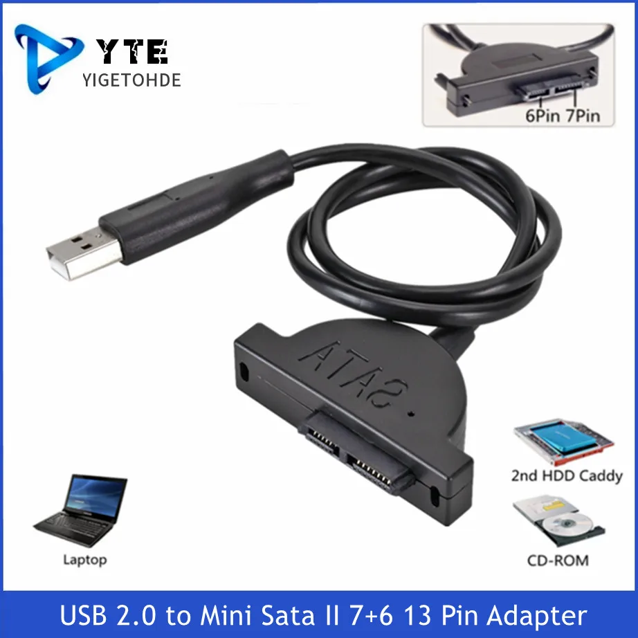 YIGETOHDE USB 2.0 Mini Sata II 7+6 13 Pinos Adaptador Para o Portátil de CD/DVD ROM Slimline Conversor de Unidade de Cabo de Parafusos Constante Estilo